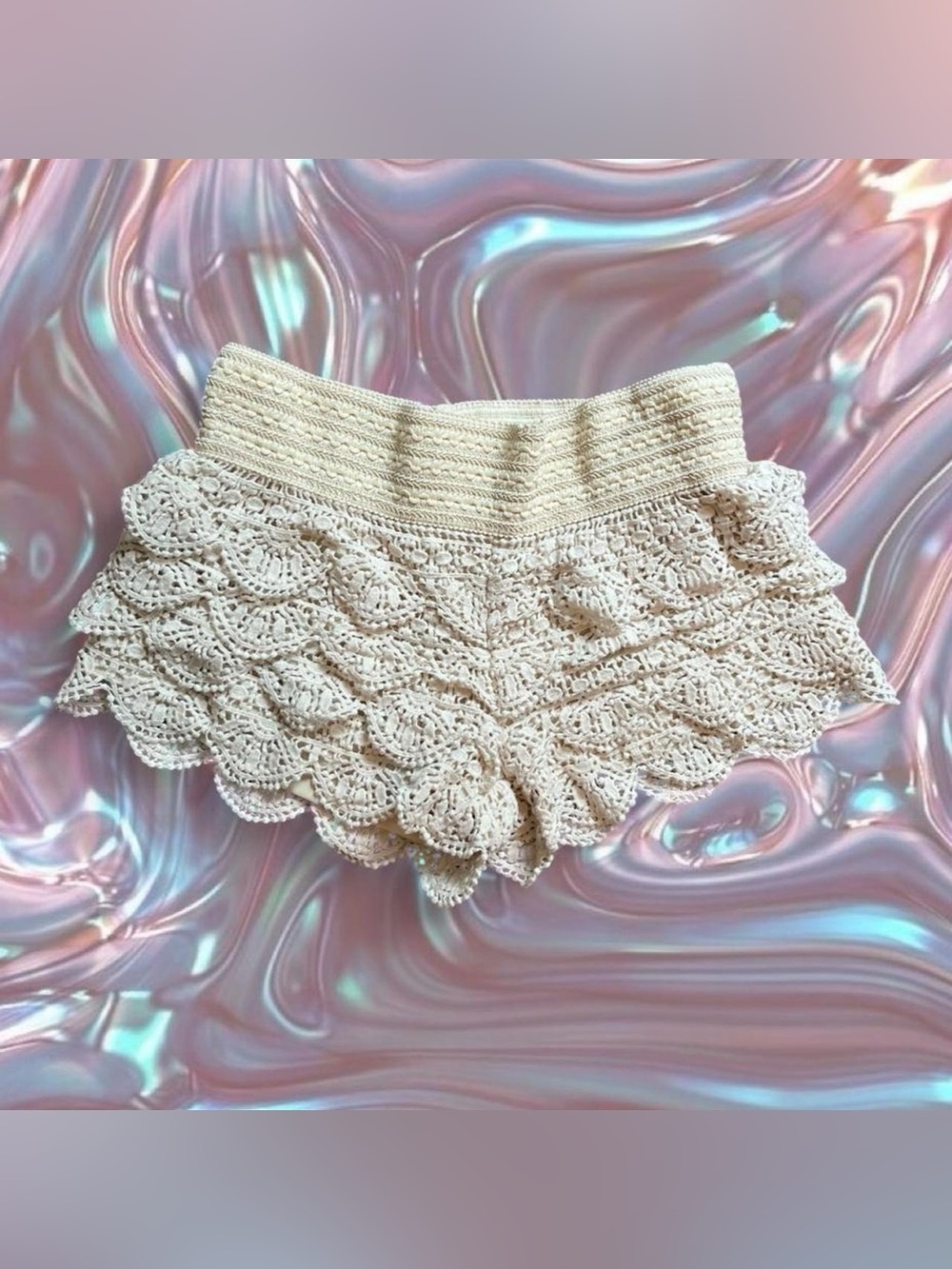CROCHET COTTON LACE SCALLOP TRIM LOW RISE BOHO SUMMER FESTIVAL BOOTY SHORTS S/M